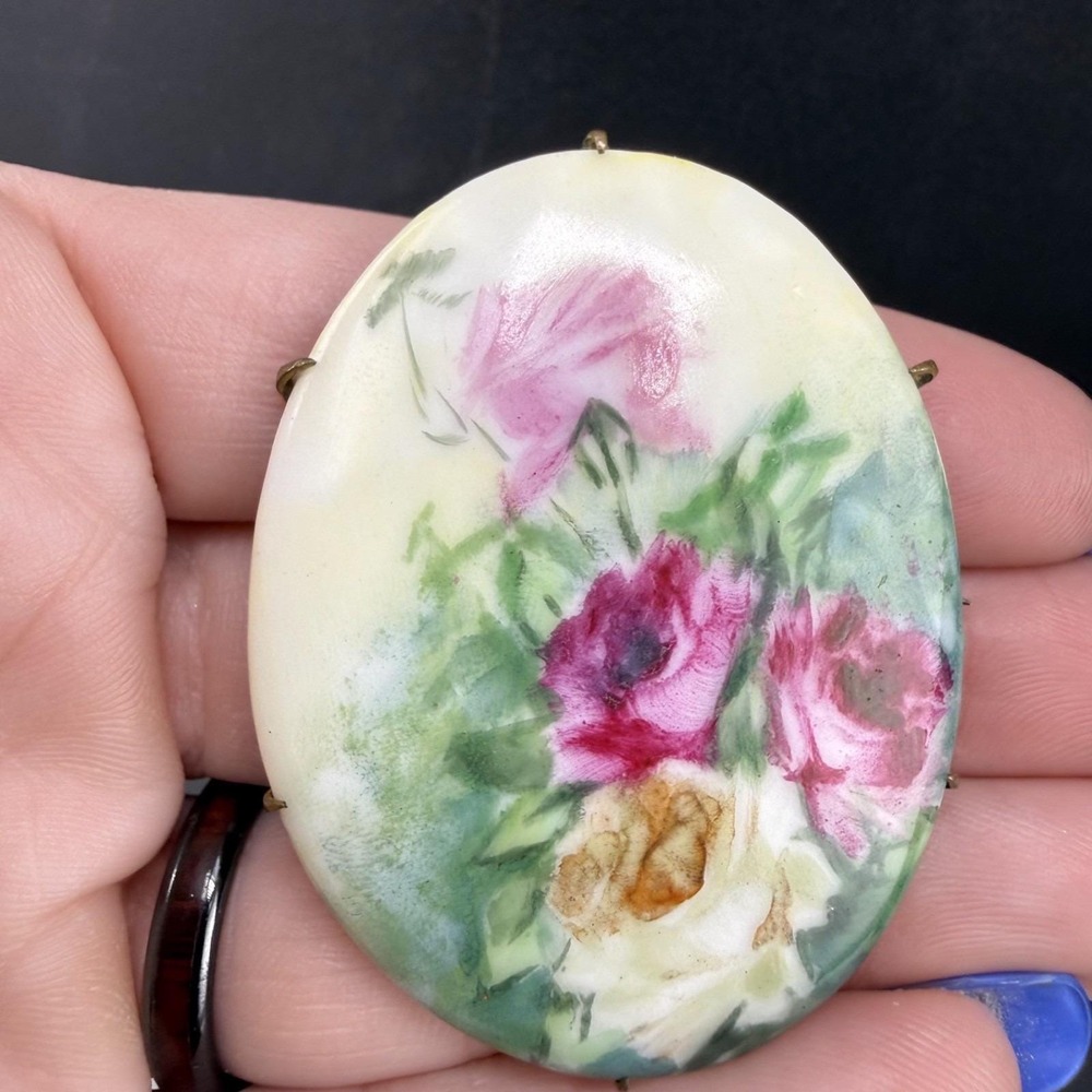 Vintage Estate Brooch Multi Hand Painted Porcelain Floral Rose Oval 2.25in